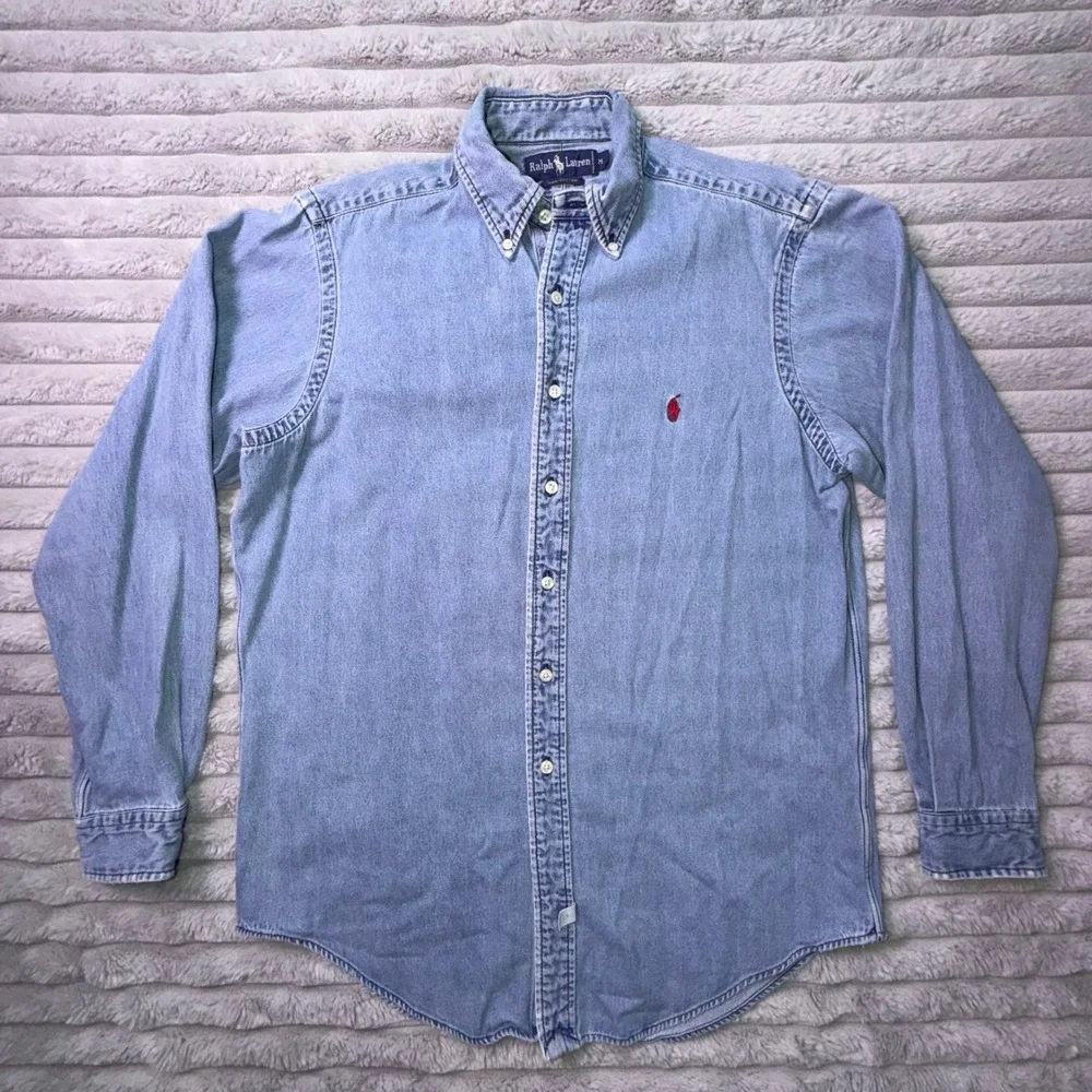 Vintage 90's Ralph Lauren Polo Shirt Men's Medium Blue Denim Button Up Red Pony